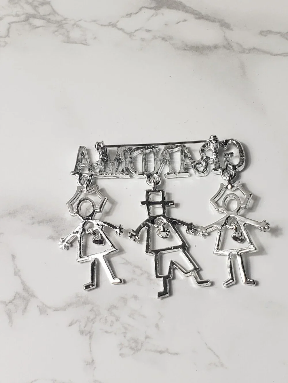 Vintage GRANDMA Silver-tone Dangling Brooch Pin